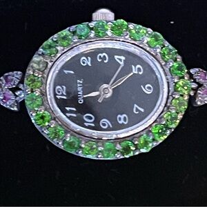 Quartz Women's Watch with chrome diopside face, Opal,and red ruby gemstones.925